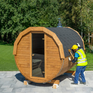 Sauna beczka 200x300 cm z przedsionkiem – widok z zewnątrz